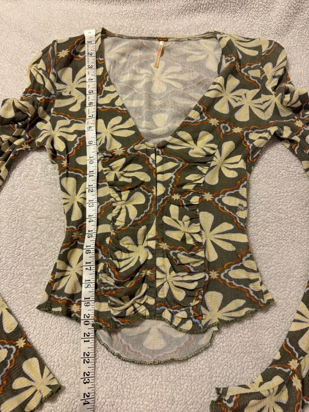 Free People Through The Meadow Ruched Mesh Top Boho V-Neck Cream Floral Green